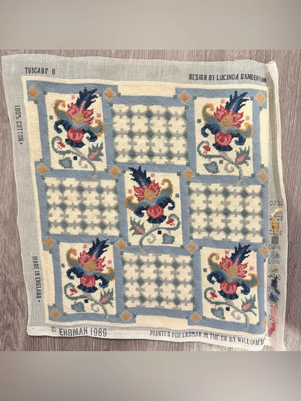 Vintage Ehrman Needlepoint Canvas Panel in Blue, Pink & Cream